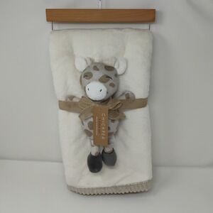 Chickpea Baby Plush Giraffe 2 Piece Blanket Set Cream Ribbed Trim Unisex New